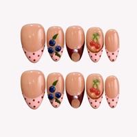 Offre Spéciale – Faux Ongles à Presser Rose à Pois Style Fille Douce, Motifs Cerises 3D Françaises, Myrtilles et Amandes – Vente en Gros, Personnalisables, Faits Main en Acrylique