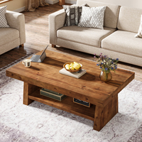 Table basse rectangulaire en bois massif de 47 pouces, style farmhouse, à 2 niveaux, avec rangement, pour appartement, chambre, salon