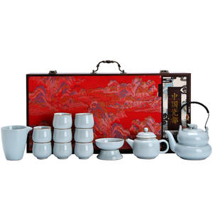 Service à thé Ru Kiln complet, théière en forme de calebasse avec poignée, grande capacité, céramique haut de gamme, coffret cadeau pour le Nouvel An chinois - Product Image 5