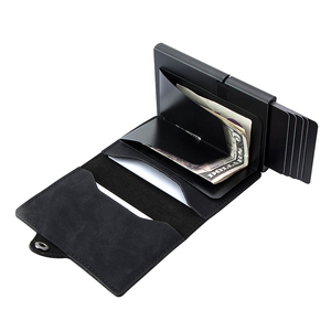 2023 Side Push Button Mens RFID Secure Anti-theft Bifold Pu Crazy Horse Leather <b>Wallet</b> Minimalist Aluminum Credit Card <b>Holder</b> - Product Image 5