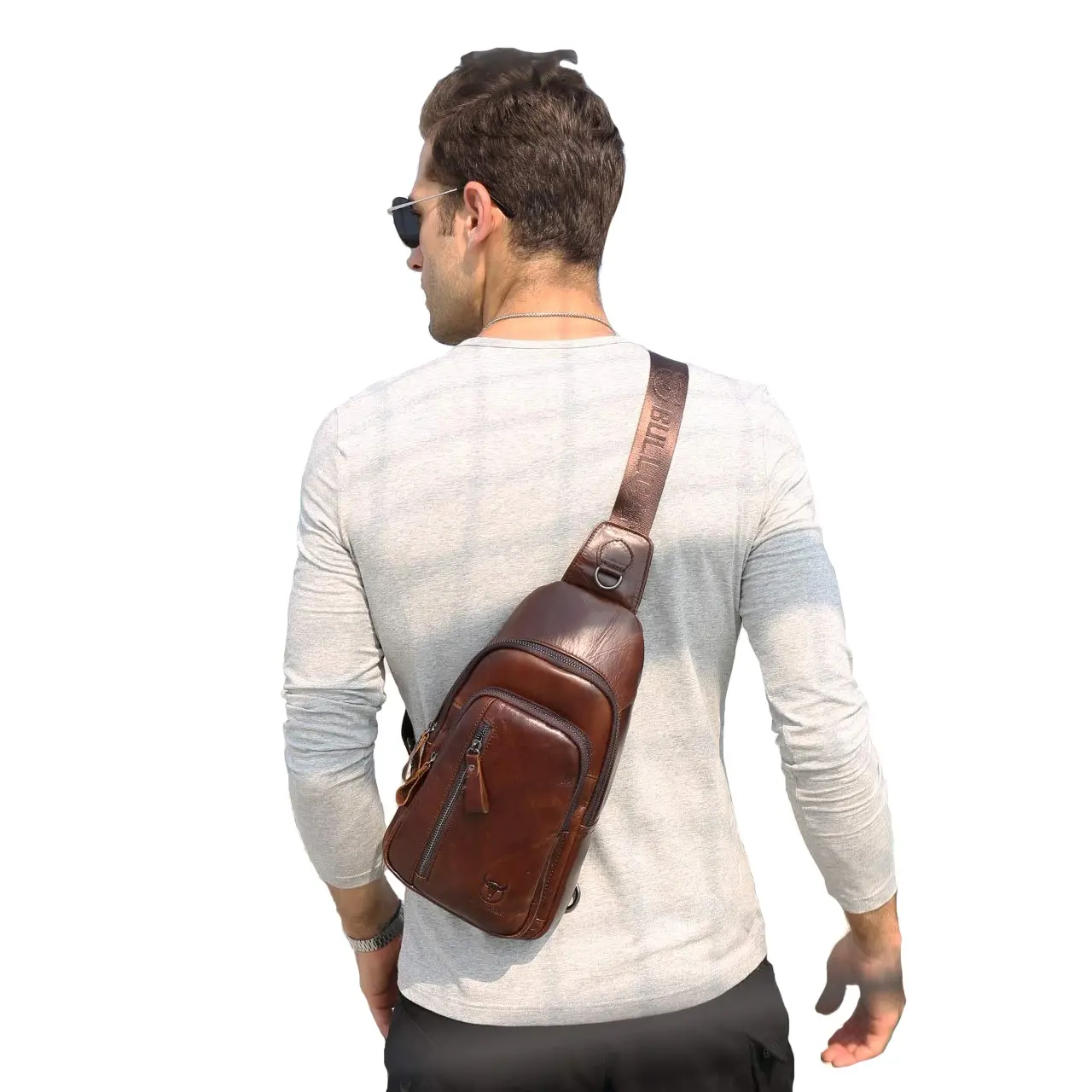 Bull captain-Bolso de pecho cruzado de cuero genuino para hombre, mochila informal deportiva multifuncional, a la moda