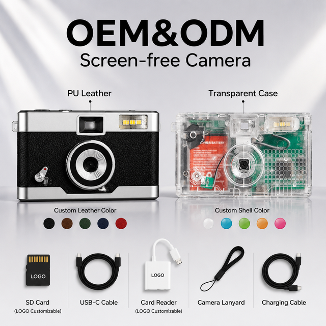 OEM&ODM Vintage PU Leather or Transparent 13MP Sensor Screen-free Digital Camera Multiple Filters LED Flash OTG for Camp