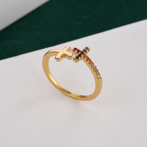 ファッションシンプルな宗教的なクロスオープンリングカラフルなジルコン男性女性クリスチャンジュエリーゴールドメッキリング - Product Image 5