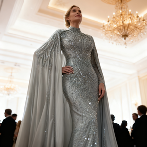 Robes de Soirée Sirène Grises Personnalisées 2026 à Col Montant avec Cape Perles 3D Élégantes Robes de Fête avec Traîne Balayante pour Femmes - Product Image 2