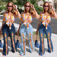 Gepersonaliseerde Stijl Denim Jeans Plus Size Hoge Taille Denim Stof Blauw Outfit Skinny Rainbow Tie Bell Bottom Vrouwen Jeans