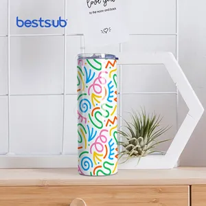 Bestsub, venda por atacado 20oz 600ml branco duplo andado de subolmação cobertores de aço inoxidável caneca magra com palha