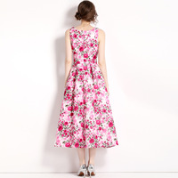 Robe longue d'été pour femme, taille haute, imprimée rétro, sans manches, avec taille plissée et jupe évasée, tailles S-XXL