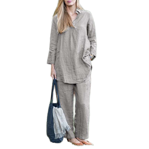 ชุดผ้าลินินผู้หญิงสไตล์เรโทรสุดหรู ประกอบด้วยเสื้อคาร์ดิแกนแขนยาวคอวีสีพื้นแบบสวมใส่สบาย ระบายอากาศได้ดี และกางเกงขายาวทรงหลวม - Product Image 1
