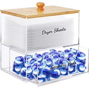 Clear Laundry Room Detergent Pods Dispenser Box Acrylic Dryer Sheet Holder Container with Storage Drawer Bamboo Lid