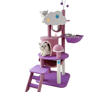 2024 kedi ağaç evi tırmanma çerçeve sevimli lüks mor büyük kedi ağaçları & Scratcher Sisal ahşap Pet kedi ağacı kulesi