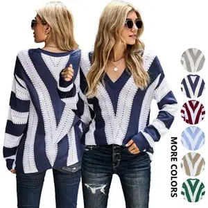 2024 Autumn Fashion Trendy Striped Colorblock Knit V Neck Pullover Tops Women Sweaters 8220193-1 1