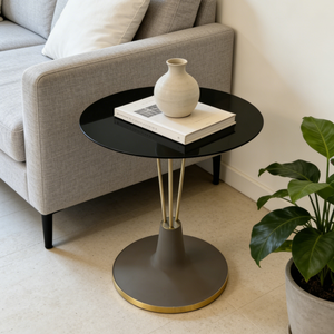 Mesa de centro redonda contemporánea para el hogar, con tapa de cristal tintado oscuro y base de jaula de alambre negro, modelo Nebula Orbit - Product Image 3
