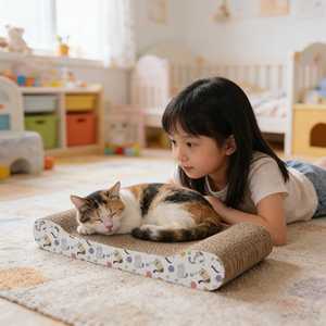 Tiragraffi per Gatti in Cartone Ondulato 2 in 1, Tappetino per Riposo e Graffiatura con Stampe Carine, Alta Densità, Salvaspazio, Giocattolo per Gatti da Interno - Product Image 1