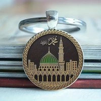 Porte-clés en métal plat 2D en gros, motif Mosquée du Prophète de Médine, anneau de clé rond islamique saoudien, souvenir touristique, cadeau