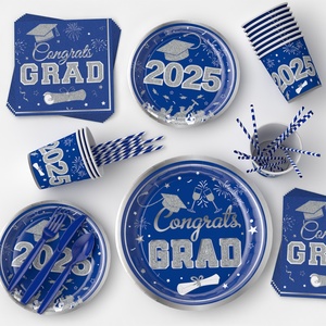 Vaisselle de fête de fin d'année 2026, assiettes en <span class=keywords><strong>papier</strong></span> bleues et argentées, gobelets, serviettes, ballons, décorations de fête - Product Image 4