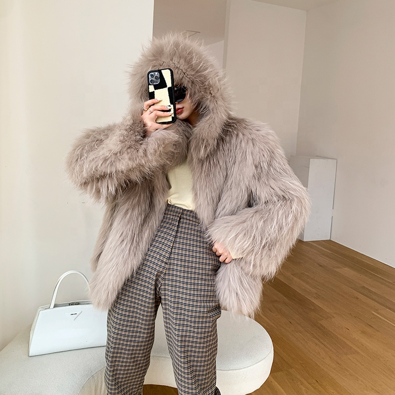 Fashion Women Knitted  Fur Jacket Winter Fur Long Sleeve Fashion Coats Hooded Leather Real Raccoon Jackets For Women