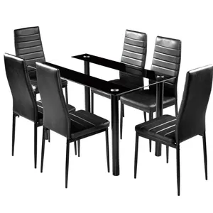 廉价家用厨房豪华黑色长钢化玻璃顶餐桌套装不锈钢家具餐厅套装6把椅子