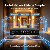 Switch Gigabit complet 4 PoE + 2 Uplink 60W avec alimentation intégrée IEEE802.3af/at, boîtier métallique, double mode QoS, empilable pour caméra IP, CCTV, AP