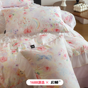 French Retro Oil Painting Style 100 Cotton Four Piece <b>Bedding</b> <b>Set</b> Korean Lace Trim Pure Cotton Duvet Cover Sheets Bedroom - Product Image 4