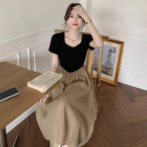 French Style Chic V Neck Elastic Waist Patchwork Dress For Women Summer Casual Daily Wear Khaki Solid Color - Product Image 1