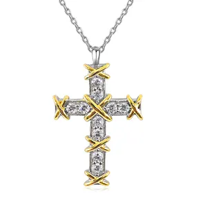 New Fashion 925 Sterling Silver Double Gold Plated Necklace Jewelry Cubic Zirconia Cross Necklace
