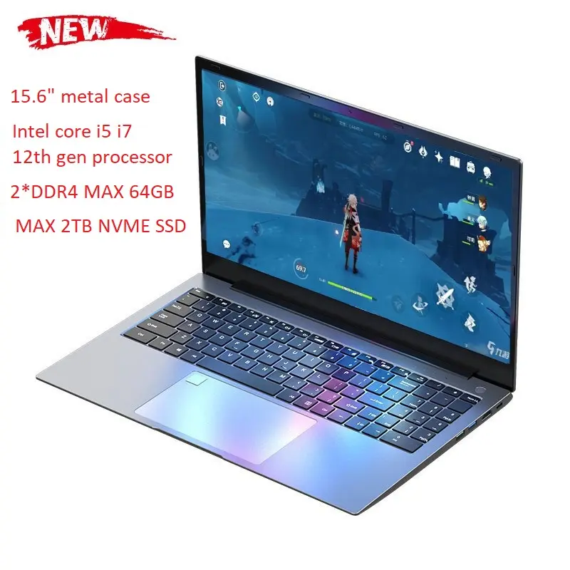 Laptop Gaming i5 generasi 12, Notebook portabel PC kantor SSD 2TB i5 12500H 1240P i71260P 15.6 inci IPS Metal Ultrabook DDR4