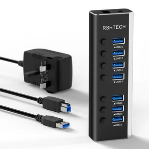 RSHTECH USB 3.0 Hub 5Gbps transfert de données rapide commutateur individuel 12V/2A adaptateur secteur 7 ports USB Hub pour accessoires PC