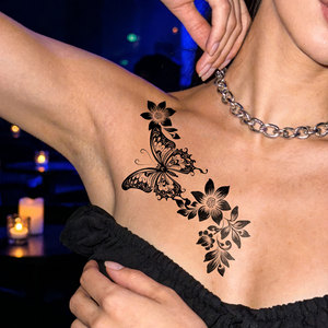 Autocollants de <span class=keywords><strong>tatouage</strong></span> de fleurs de <span class=keywords><strong>papillon</strong></span> noires, imperméables, longue durée, art corporel réaliste - Product Image 4