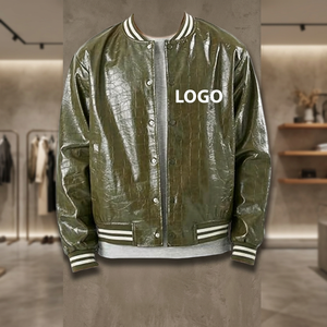 Chaqueta Varsity de PU Verde Oliva para Hombre, Corte Regular, Cuello Camisero, Cierre de Botones, Estilo Casual, Ropa de Otoño - Product Image 4