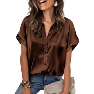 FOXA Blusa de satén para mujer, camisa de manga corta con botones, top informal de negocios - Product Image 1