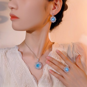 Elegant Fashion Eco-friendly Copper 12-10MM Sea Blue Zircon Floral Pendant <b>Earrings</b> Set Women's Bridal Jewelry Set for Women - Product Image 6