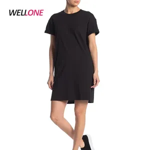 प्लस आकार कस्टम मुद्रण खाली आरामदायक 95% कपास 5% स्पैन्डेक्स क्लासिक सादे घुटने की लंबाई काले टी शर्ट ड्रेस महिलाओं के लिए