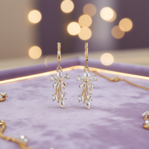 Orecchini Pendenti Viola E466 con Fiore in Cristallo e Strass, Placcati in Oro 22k, Gioielli Romantici da Sposa per Donne - Product Image 2