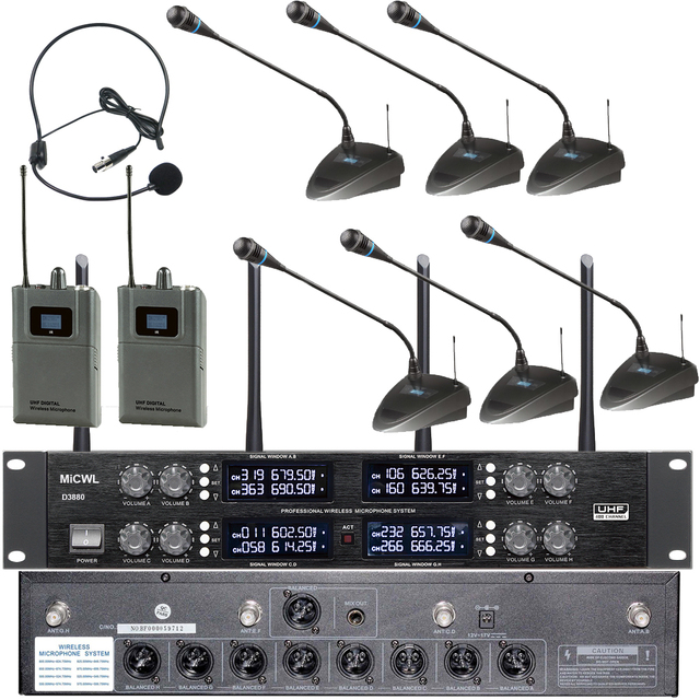 MiCWL Audio Inc 8 Headset 8 Lavalier Mic Bodypack Professional 8 Channel UHF Stage Wireless Microphone System Lapel Microphones