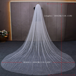 Voile de mariée de luxe fait main en perles, style cathédrale, 3 mètres, en tulle blanc beige, accessoires de robe de mariée, perlé, 1 couche, polyester - Product Image 1