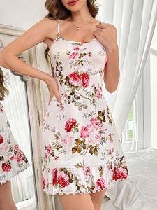 Wholesale Women's Floral Print Nightgown Sleeveless Soft Knit Sleepwear Elegant Ruffled Hem Slip Dress Loungewear