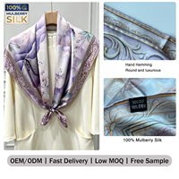 Châle en Soie de Mûrier Sergée à Impression Personnalisée, Ourlet Roulotté à la Main, Impression Double Face, Faible MOQ OEM ODM, Motif Floral Violet