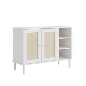 Credenza Senja in Legno di Pino Bianco Effetto Rattan 44.1x15.7x31.5 Pollici Design Moderno Scandinavo - Product Image 1