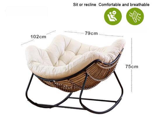 Sedia a dondolo in rattan + cuscino in tessuto tecnico ispessito