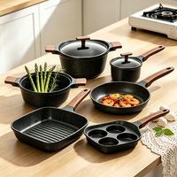 Ensemble de casseroles et poêles en aluminium granité antiadhésif avec poignées en bois, compatible induction, plusieurs tailles