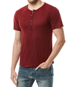 Vente en gros de chemise Henry d'été décontractée de couleur rouge unie à manches courtes pour hommes T-shirt graphique personnalisé de sport coupe ajustée - Product Image 3