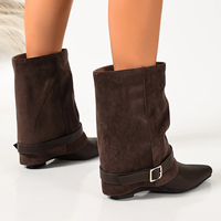 Bottines mi-mollet pour femmes, bottines à bout pointu avec design pliable, sangle décorative à boucle métallique, talon bas, bottes décontractées à la mode pour femmes