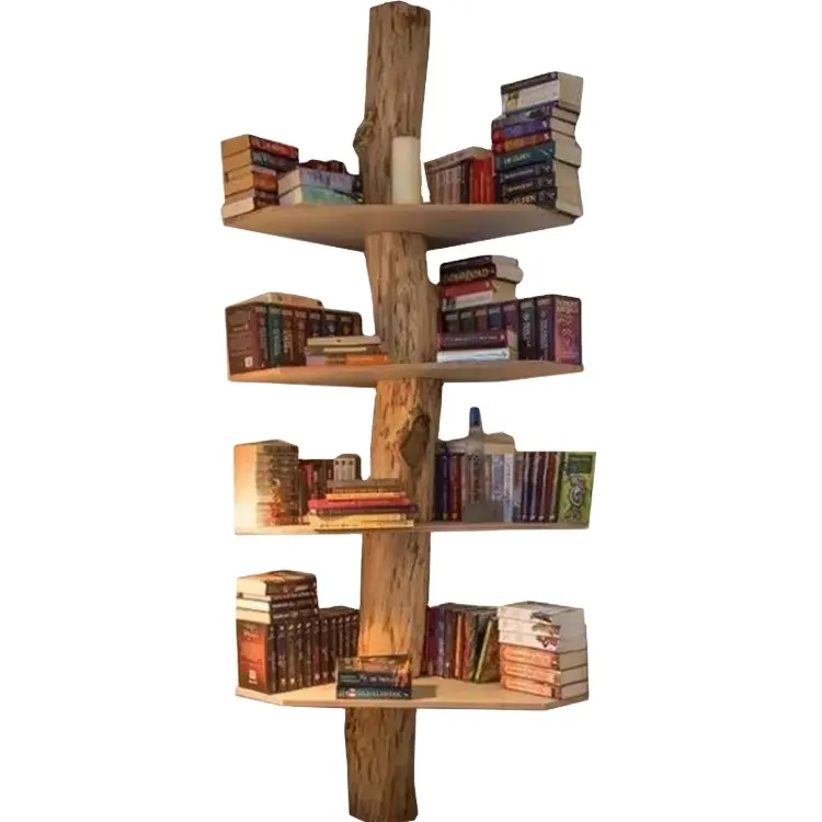 Kreatif Kayu Solid Pohon Berbentuk Rak Buku Dinding Sudut Lantai Dipasang Rak Buku Dekoratif