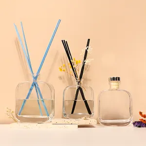 Flat square rectangle 100 ml clear fragrance reed diffuser glass bottles with stick and stopper