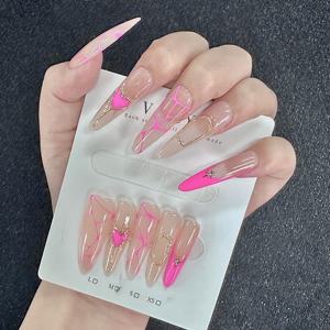 Faux ongles longs à presser effet stiletto, <span class=keywords><strong>rose</strong></span> nude, avec décoration française et ligne néon <span class=keywords><strong>rose</strong></span>, pour femme, idéal pour les soirées – Direct Usine - Product Image 3