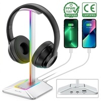 Support de casque de jeu RGB PPWR avec station d'accueil USB, support de casque en aluminium avec base robuste pour affichage sur bureau