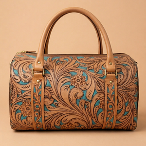 Bolsa de Viaje de Lujo de Cuero Genuino Hecha a Mano con Grabado Floral, Bolsa de Fin de Semana con Cremallera, Ecológica, de Poliéster, 7 Pulgadas, para Mujer - Product Image 1