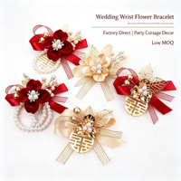 Corsage Pergelangan Tangan Buatan dari Mutiara Logam Merah, Hiasan Tangan Berhiaskan Rhinestone dengan Motif Kebahagiaan Ganda Cina untuk Pengiring Pengantin dan Pengantin Wanita.