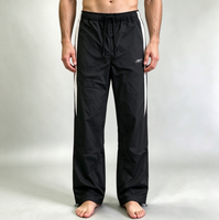 Pantalon noir surdimensionné à jambe droite personnalisé, streetwear, 100% nylon, imperméable, avec cordon de serrage, logo brodé, pantalon rayé blanc