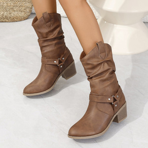 Stivali da donna in pelle PU, stile western, beige, casual, per polpacci larghi, in morbida pelle - Product Image 6